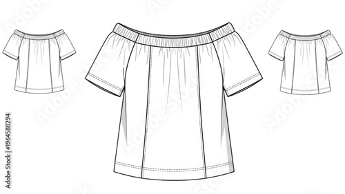 Vector CAD design style illustrations of a short sleeve top in three views