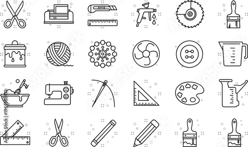 Handmade craft and art tools vector icons set featuring sewing machine scissors paint brush palette needle yarn and ruler