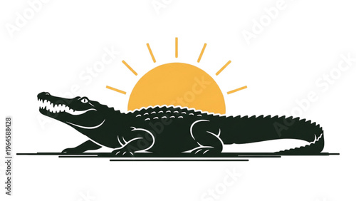 Vector illustration of a crocodile in CAD design style facing the sun