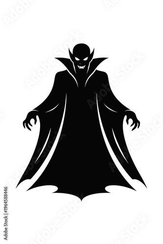 Menacing black silhouette of a classic vampire, featuring piercing glowing eyes, sharp fangs, and distinct pointy ears, adorned in a dramatic flowing cape. This gothic horror creature perfectly captur
