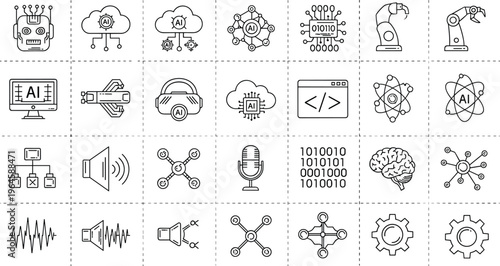 Artificial intelligence and technology vector icons set featuring robot cloud computing neural network robotic arm machine learning and big data
