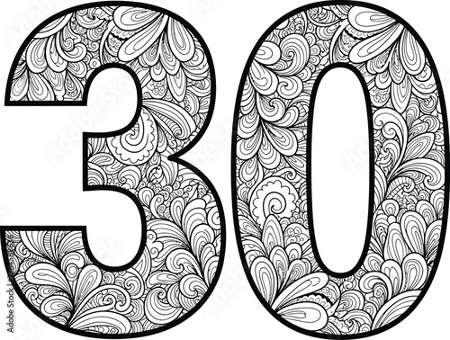 Intricately designed number 30 in black and white