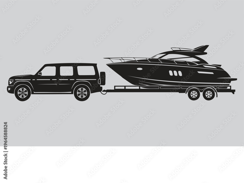 Obraz premium Heavy Duty SUV Towing Luxury Yacht Trailer Vector Silhouette