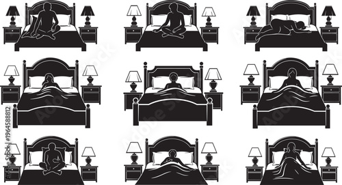 Flat vector illustration of bedroom furniture, bed with nightstands, lamps, human sleeping positions, silhouette icons, interior design, home decor