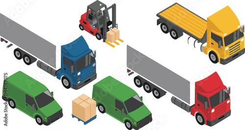 Trucking logistics isometric vector set with trucks, cargo containers, lorry, trailer loader, vans, and cars for transportation illustration