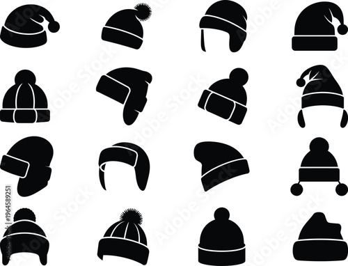 Winter hats silhouettes vector set with beanie santa cap earflap knitted styles warm clothing black silhouette collection isolated fashion design pack