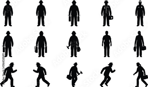 Firefighter silhouettes vector set with emergency workers poses running standing equipment icons fire rescue team black silhouette collection isolated design pack