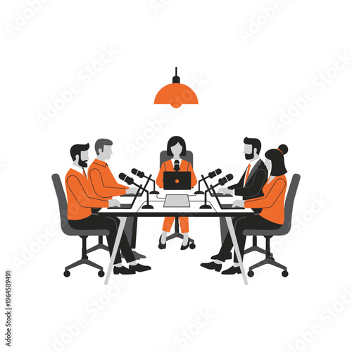 Panel discussion podcast recording with five people at conference table.