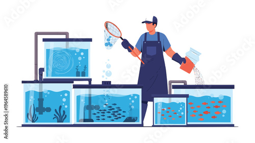 Aquarium Keeper at Work: A dedicated aquarium keeper tends to the aquatic environment, ensuring the health and vibrancy of aquatic life with precision and care.