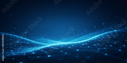 Futuristic Glowing Blue Technology Wave Background with Wireframe Mesh, Floating Particles and Dynamic Data Flow Lines, Abstract Digital Network Concept on Dark for Cyber and Tech Design.