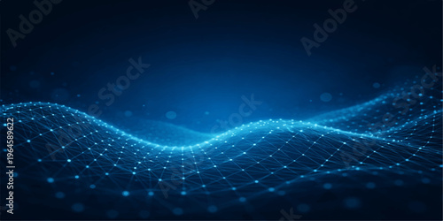 Futuristic Glowing Blue Technology Wave Background with Wireframe Mesh, Floating Particles and Dynamic Data Flow Lines, Abstract Digital Network Concept on Dark for Cyber and Tech Design.
