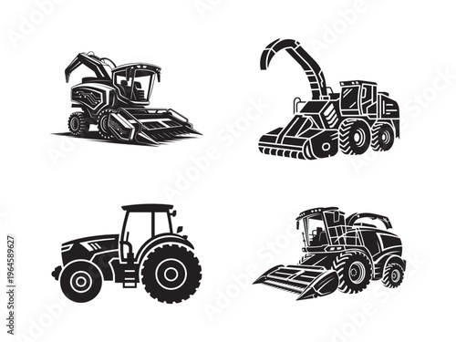 Four black and white illustrations depicting various heavy agricultural and forestry machinery high quality professional detailed