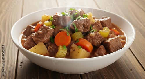 Delicious beef stew with potatoes carrots and celery in a white bowl on wooden table