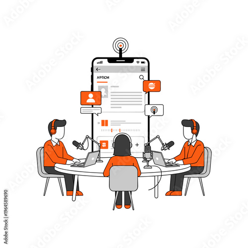 Podcast recording with three people, mobile phone screen and microphones.