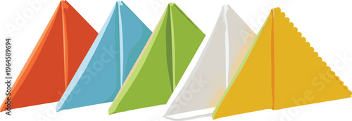 Set of colorful triangular napkins folded in different styles isolated on white background table decor vector illustration collection