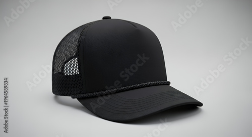 Realistic detail black mesh back trucker hat with rope accent mockup hat mockup mockup cap hat template fashion clothing baseball front sport isolated blank