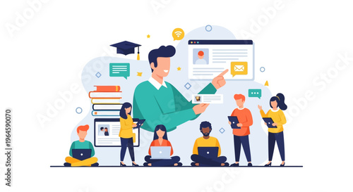 Online Education and Digital Learning Platform Vector Illustration. Teacher mentoring diverse student group using laptops for remote courses and knowledge sharing.