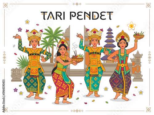 Balinese Pendet Dance Performers in Traditional Costume