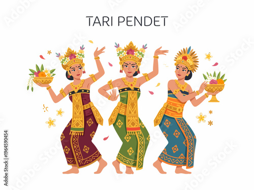 Balinese Pendet Dancers in Traditional Costume