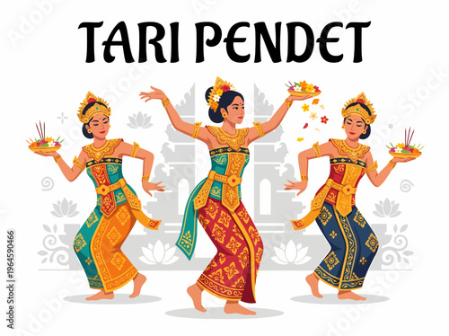 Balinese Pendet Dancers Performing Traditional Ritual Dance