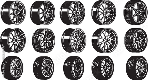 Set of 12 car wheel rims and tires in various designs isolated on white background vector illustration