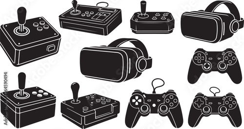 Collection of gaming controllers and VR headsets flat design vector illustration set isolated on white background