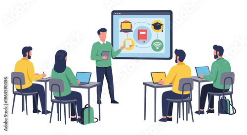 Digital E-Learning Classroom Illustration. Teacher Giving Lecture to Students in Training Session, Blended Education and Online Course Concept.