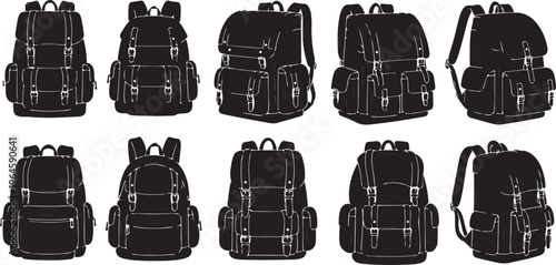 Set of nine stylish backpacks in flat design vector illustration isolated on black background