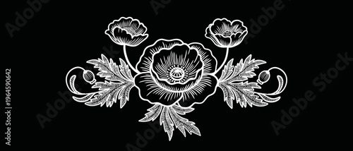 Horizontal lace border with poppy flowers and buds, hand-drawn vector illustration. Elegant decorative trim in vintage style with delicate floral patterns. Retro design for wedding invitations and pac