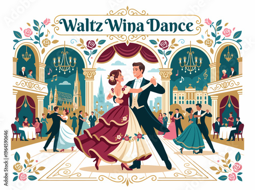 Elegant Couple Dancing Waltz at Grand Ballroom Event