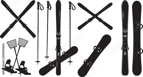 Set of winter sports equipment ski snowboard boots poles and bindings flat design vector illustration