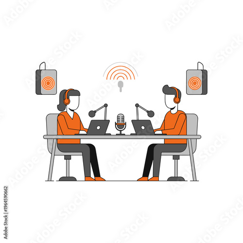 Live stream podcast session with male and female presenters using professional audio tools.