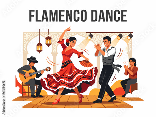 Flamenco dancers perform with guitar music and applause