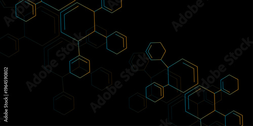 Molecular structure abstract tech background. Geometric black background. Vector banner design with hexagons. Vector abstract graphic design banner pattern presentation background web template. 