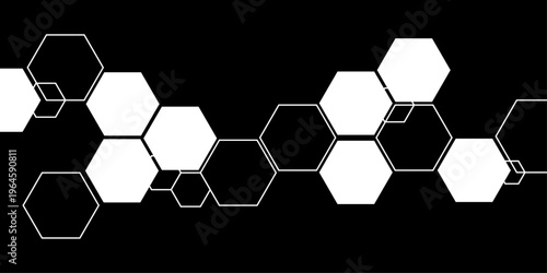 Molecular structure abstract tech background. Geometric black background. Vector banner design with hexagons. Vector abstract graphic design banner pattern presentation background web template. 