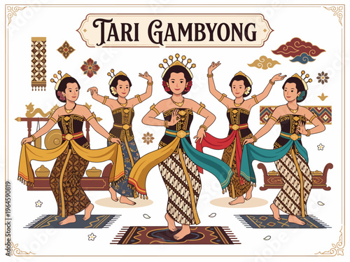Indonesian Gambyong Dance Performers in Traditional Costume