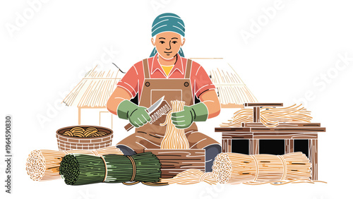 Artisan at Work: An artisan meticulously weaves natural fibers, showcasing traditional craftsmanship and dedication to time-honored techniques.