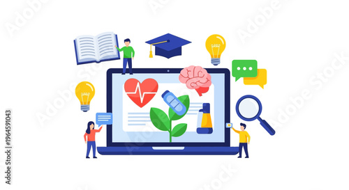 Digital Health Literacy and Online Medical Education Concept. E-learning platform illustration with health icons, knowledge, and research elements.