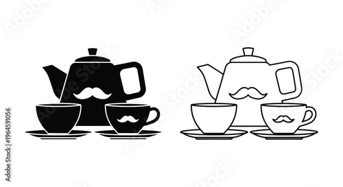 Vintage tea party mustache teapot cups silhouette Vector
