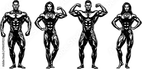 Professional Bodybuilder Silhouettes Set - Muscular Male and Female Athletes Posing Vector Illustration