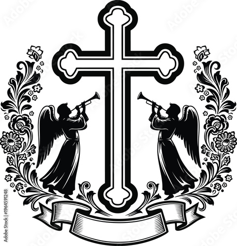 Christian cross with angelic figures and floral elements
