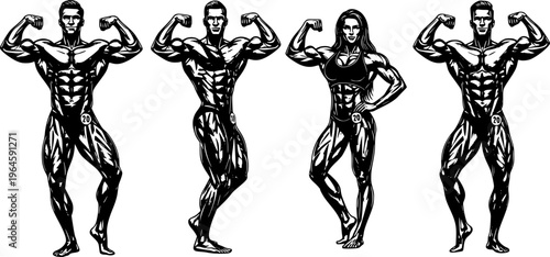 Professional Bodybuilder Silhouettes Set - Muscular Male and Female Athletes Posing Vector Illustration