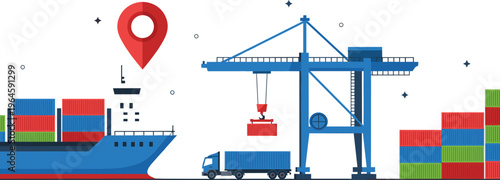 Logistics and global shipping vector illustration featuring cargo ship crane truck and colorful containers in flat design style