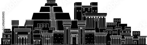 Babylon city skyline silhouette with temples, ziggurat, and clustered buildings, Mesopotamian civilization style.
