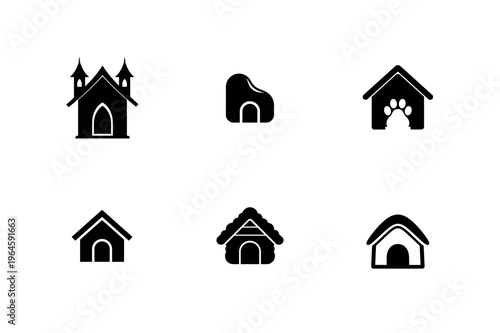Dog House and Pet Kennel Silhouette Vector Icon Set