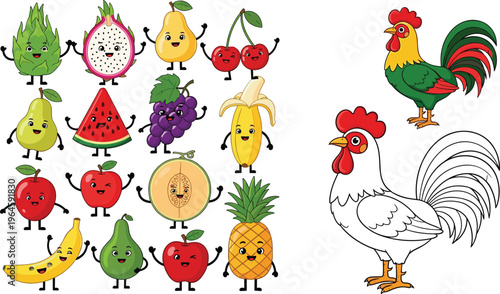 Cute Fruit Cartoon Character Set with Roosters, Dragon Fruit, Banana, Pineapple, Watermelon, Pear, Apple, and Grape Vector Illustration