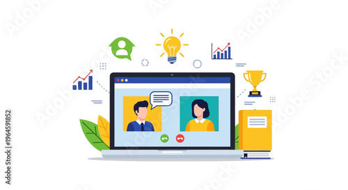 Virtual Meeting and Online Education Vector Illustration. Business People Videoconference on Laptop with Idea, Growth Chart, and Success Trophy Icons.