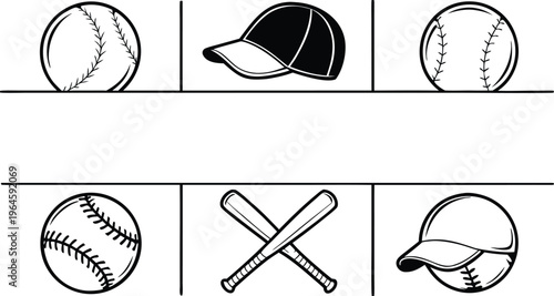 Black and white baseball with balls bats and caps