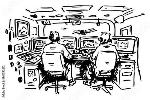 Operators monitoring screens in high tech command and control center sketch
