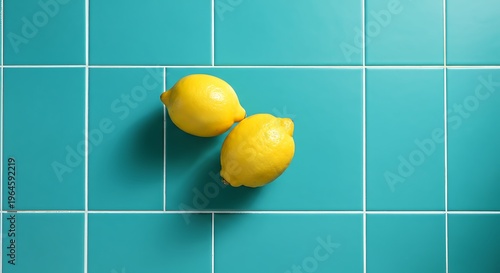 Top view turn into bright yellow lemon turn turquoise tiled surface kitchen summer vibe